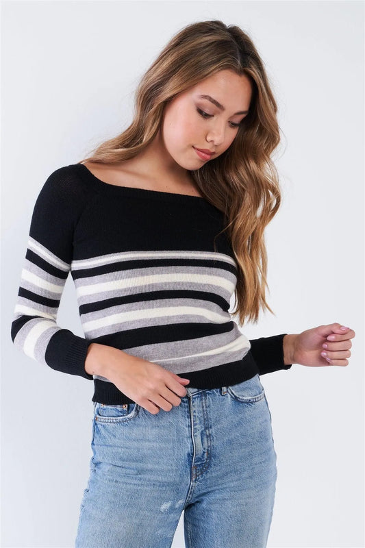 Black Multi Stripe Square Neck Long Sleeve Top - Tasha Apparel Wholesale