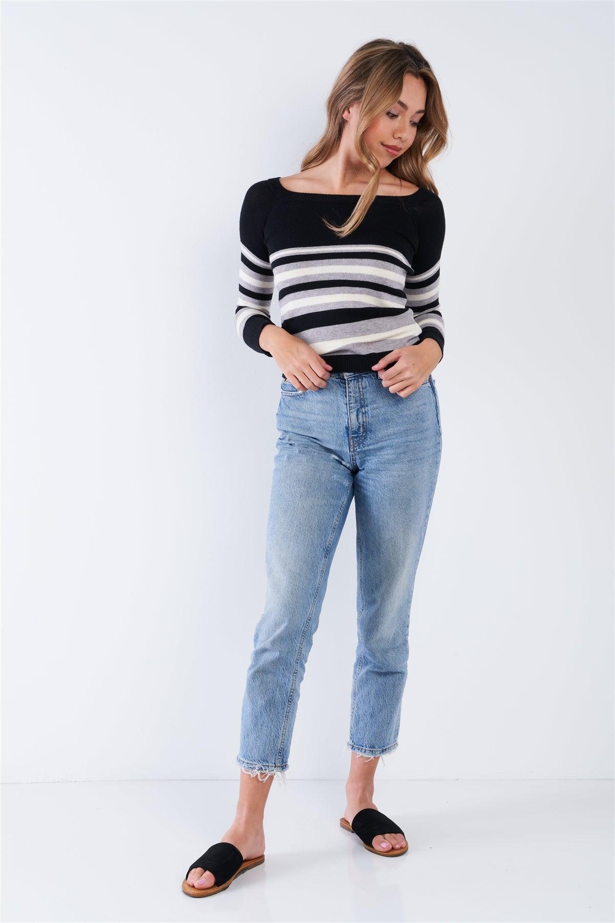 Black Multi Stripe Square Neck Long Sleeve Sweater