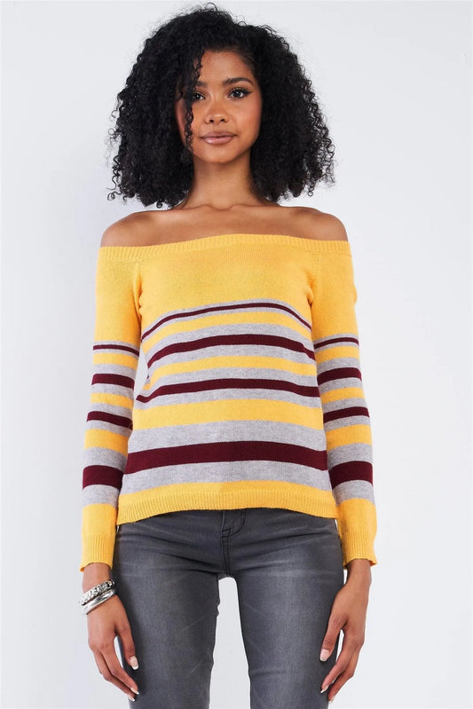 Yellow Multi Stripe Square Neck Off-The-Shoulder Long Sleeve Sweater /2-2-2 - Tasha Apparel Wholesale