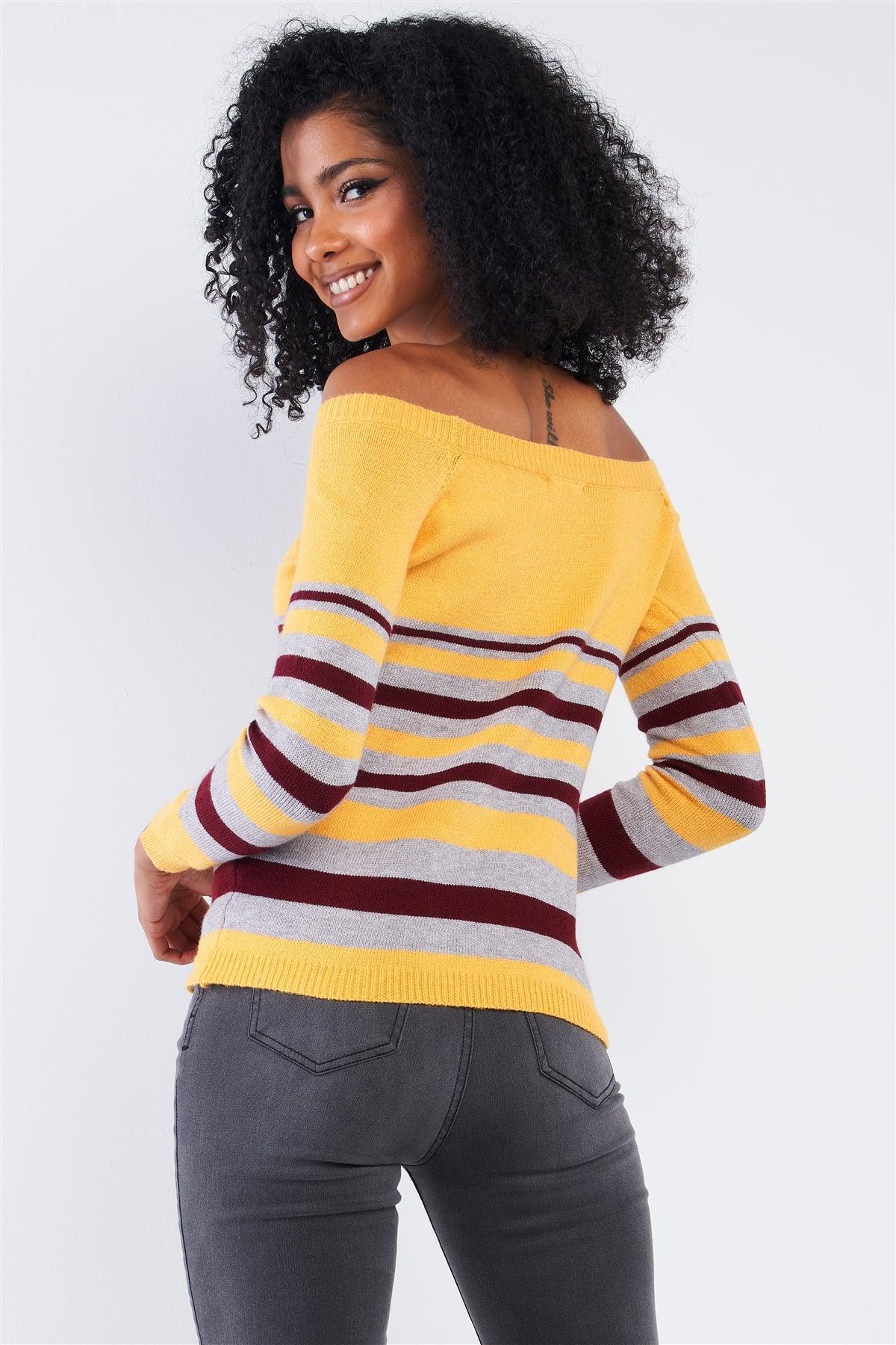 Yellow Multi Stripe Square Neck Off-The-Shoulder Long Sleeve Sweater /2-2-2