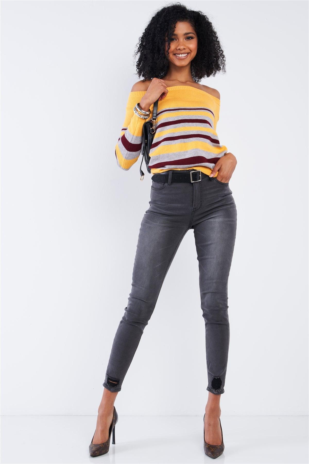 Yellow Multi Stripe Square Neck Off-The-Shoulder Long Sleeve Sweater /2-2-2