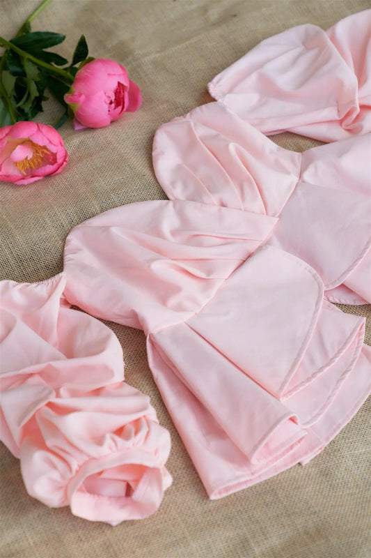 Blush Off Shoulder Puff Sleeve Ruffle V-Neck Peplum Crop Top /2-2-2 - Tasha Apparel Wholesale