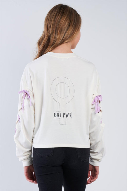Pristine Long Sleeve "GRL POWER" Lace-Up Sleeve Pullover Top /2-2-2-2 - Tasha Apparel Wholesale