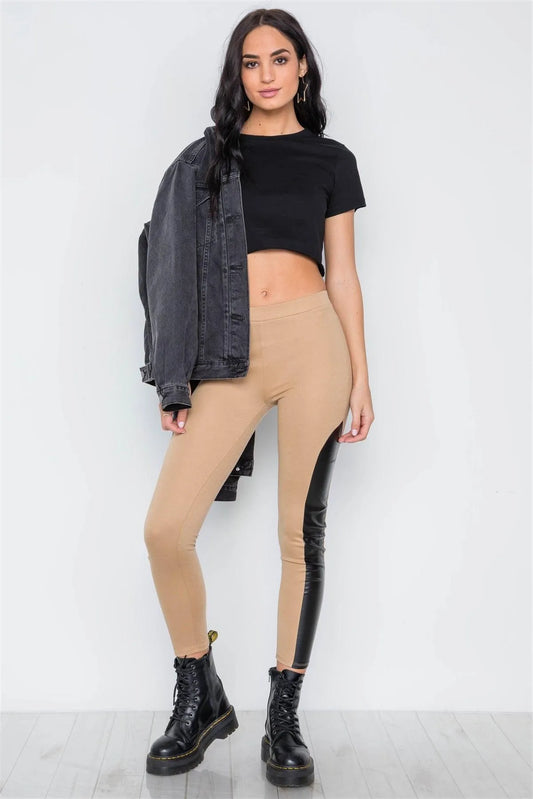 Camel Faux Leather Sides Mid-Rise Leggings - Tasha Apparel Wholesale