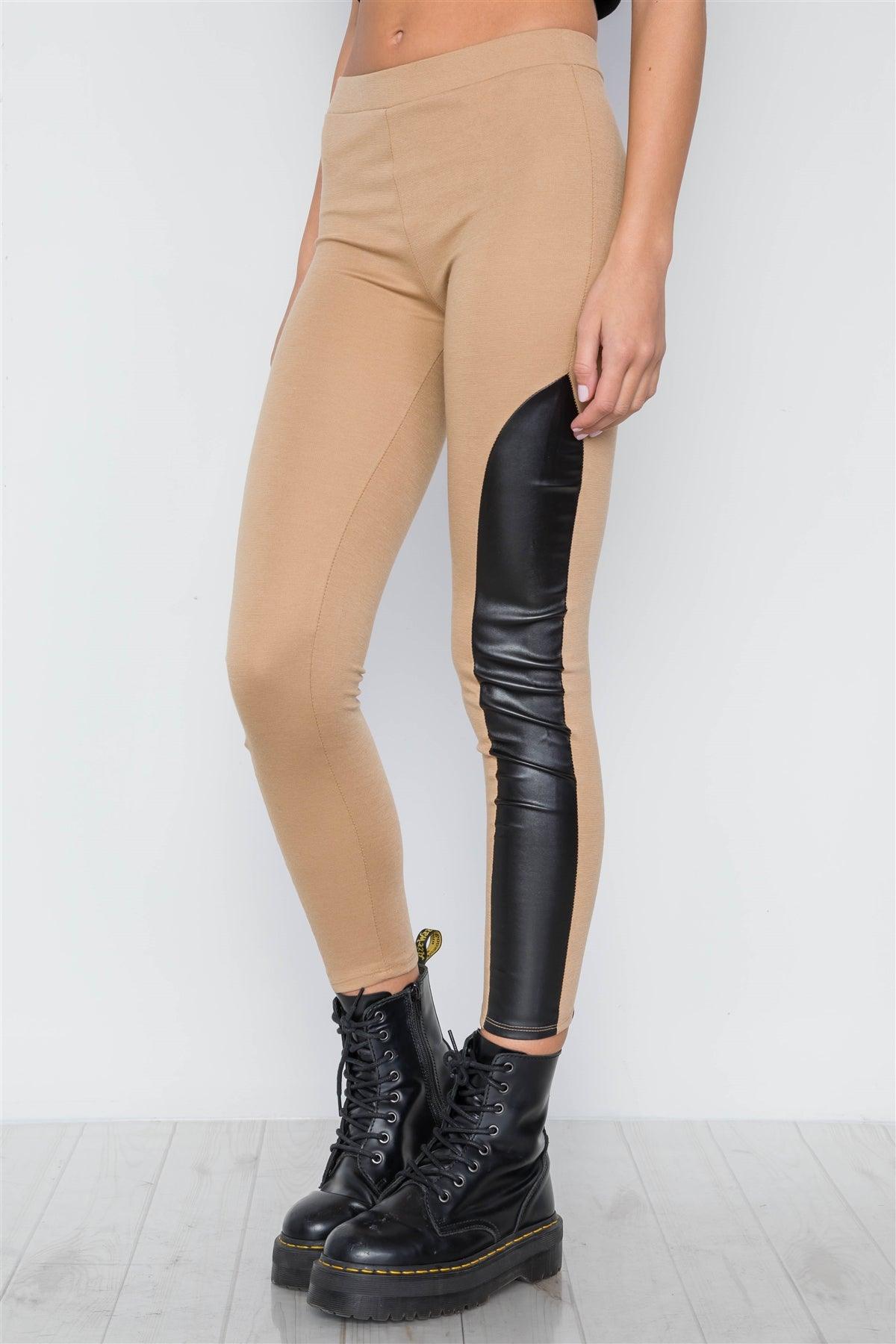 Camel Faux Leather Sides Mid-Rise Leggings /2-2-2