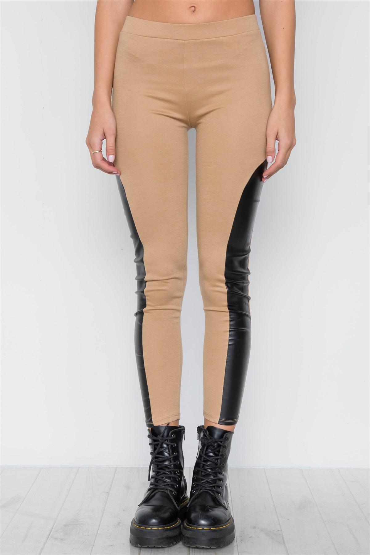 Camel Faux Leather Sides Mid-Rise Leggings /2-2-2