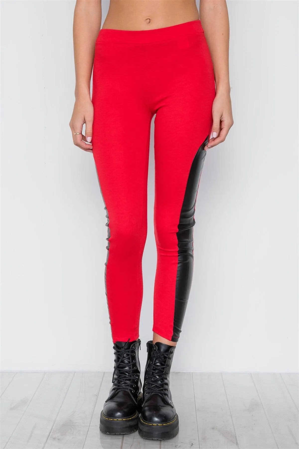 Red Faux Leather Sides Mid-Rise Leggings /1-3 - Tasha Apparel Wholesale
