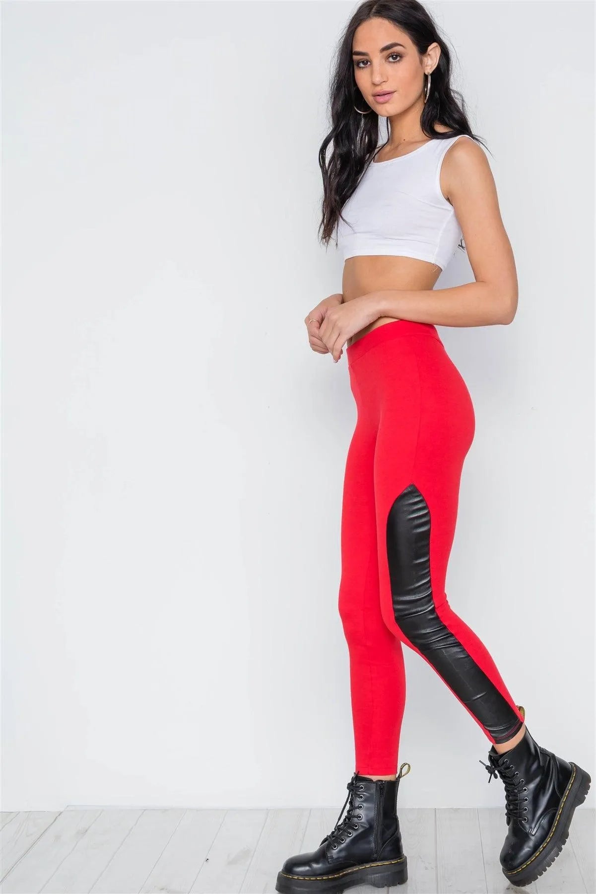 Red Faux Leather Sides Mid-Rise Leggings /1-3 - Tasha Apparel Wholesale