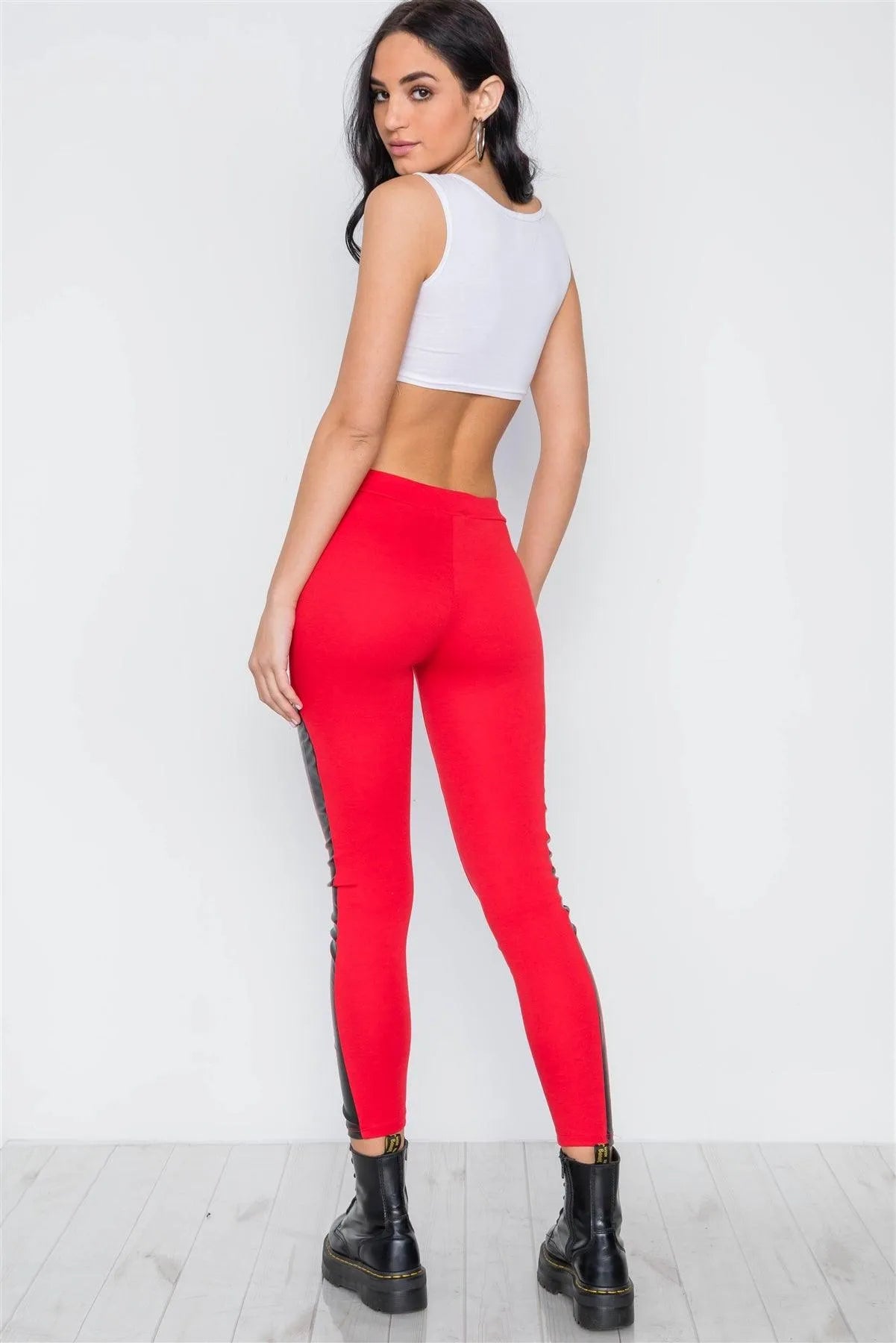 Red Faux Leather Sides Mid-Rise Leggings /1-3 - Tasha Apparel Wholesale