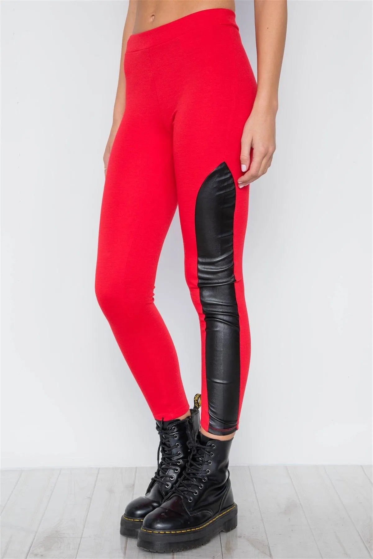 Red Faux Leather Sides Mid-Rise Leggings /1-3 - Tasha Apparel Wholesale