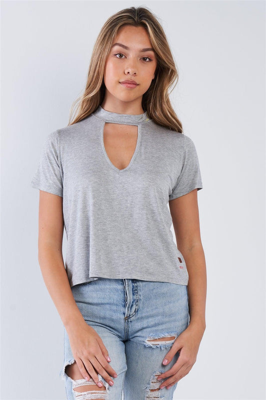 Heather Grey Short Sleeve Open Key Hole "I AM HAPPY" Top - Tasha Apparel Wholesale
