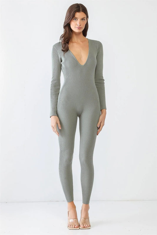 Sage Ribbed U-Shape Neck Back Zip-Up Stretchy Jumpsuit /3-2-1 - Tasha Apparel Wholesale