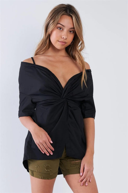 Black Off The Shoulder Front Twist High Low Top /2-2-2 - Tasha Apparel Wholesale