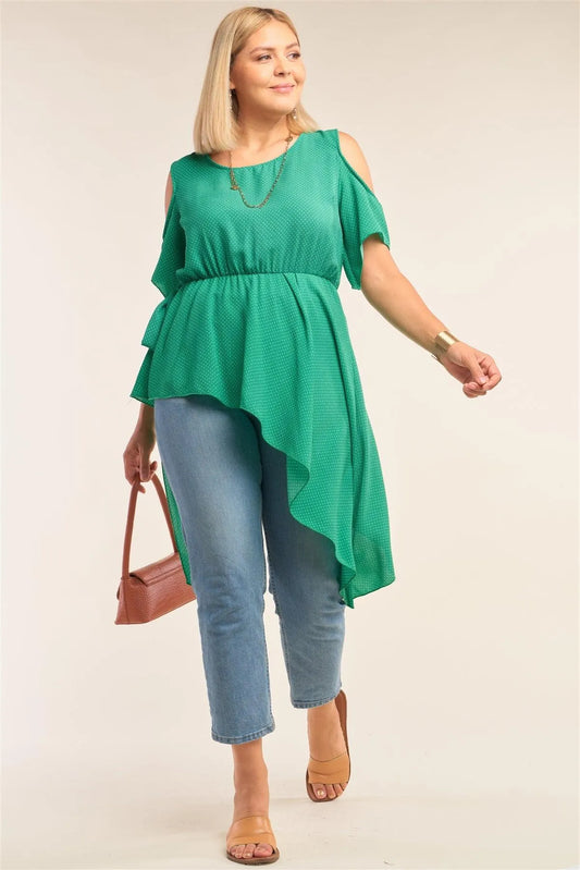 Junior Plus Size Green Polka Dot Asymmetrical Cut-Out Shoulder Self-Tie Side Detail Round Neck Top /2-2-2 - Tasha Apparel Wholesale