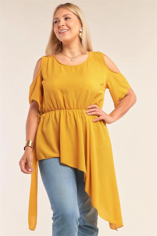 Junior Plus Size Yellow Polka Dot Asymmetrical Cut-Out Shoulder Self-Tie Side Detail Round Neck Top - Tasha Apparel Wholesale