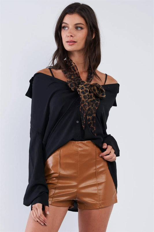 Black Oversized Button Down Off-The-Shoulder Long Sleeve Boyfriend Style Top /1-2-2 - Tasha Apparel Wholesale
