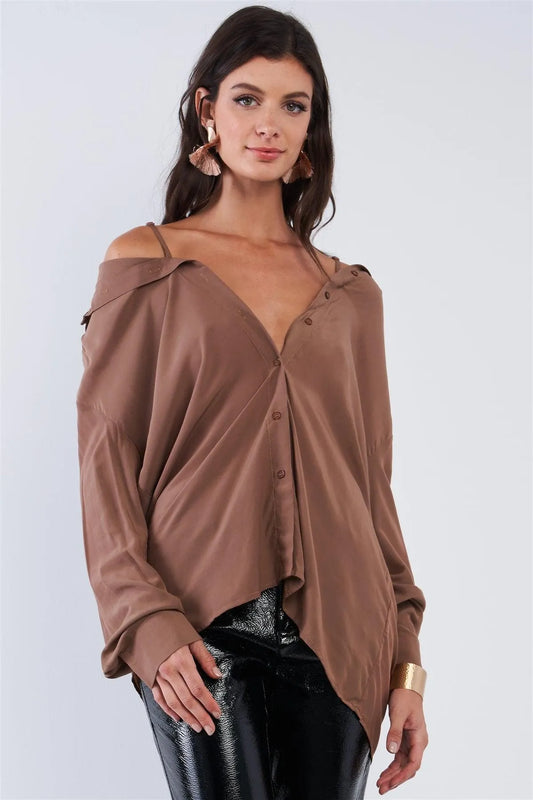 Mocha Brown Oversized Button Down Off-The-Shoulder Long Sleeve Boyfriend Style Top /2-2-2 - Tasha Apparel Wholesale