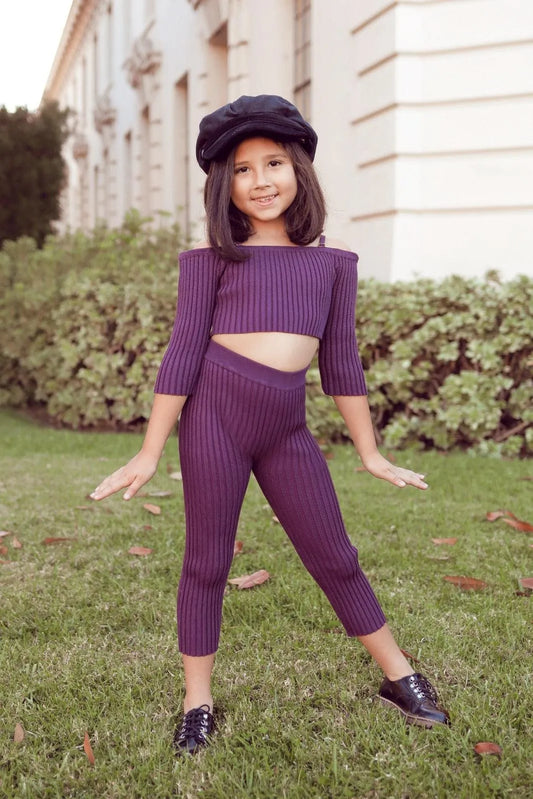 Little Girls Plum Ribbed Off-The-Shoulder Crop Top Legging Two Piece Set - Tasha Apparel Wholesale