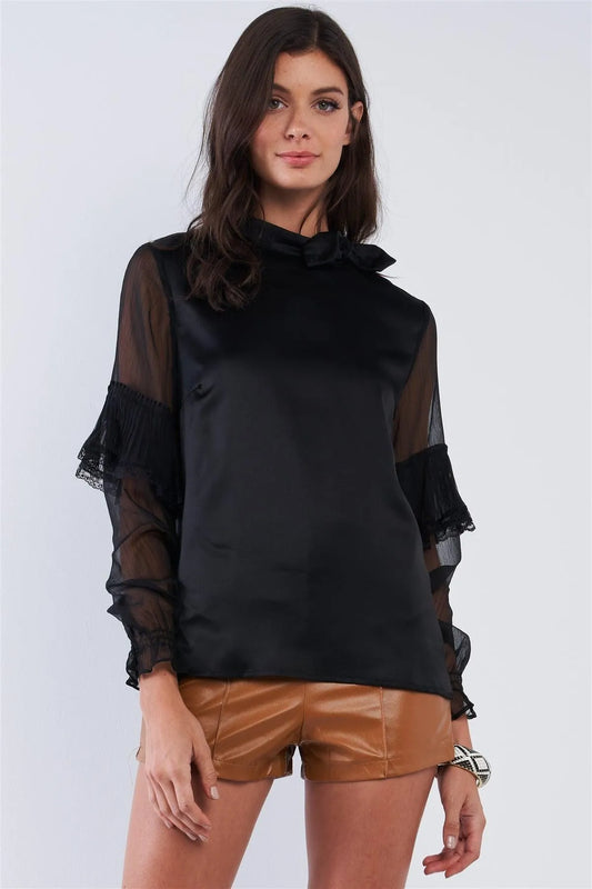 Jet Setter Black Satin Silk Bow Tie Collar Frill Sleeve Retro Classy Blouse Top /1-3-1 - Tasha Apparel Wholesale