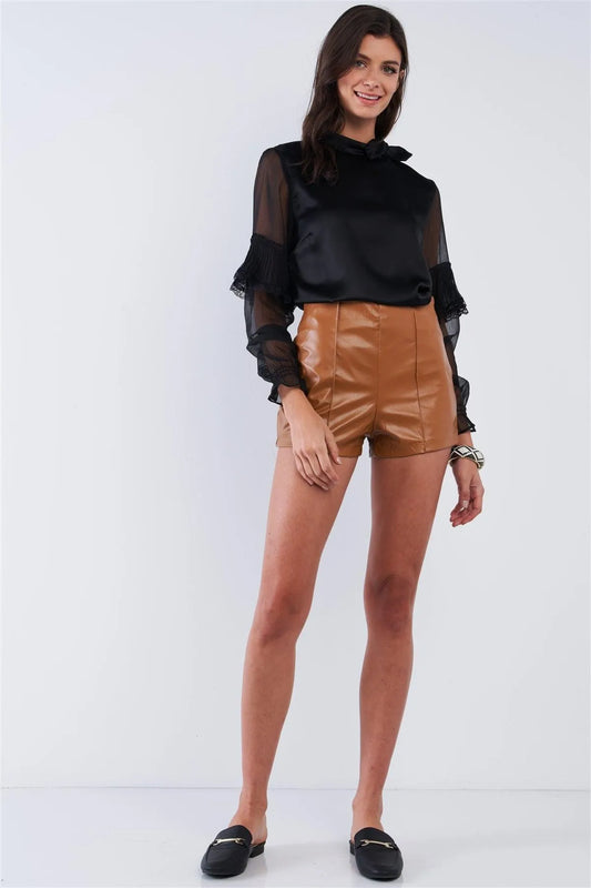 Jet Setter Black Satin Silk Bow Tie Collar Frill Sleeve Retro Classy Blouse Top /2-2-2 - Tasha Apparel Wholesale