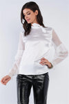 Bright White Satin Silk Bow Tie Collar Frill Sleeve Retro Classy Blouse Top /2-2 - Tasha Apparel Wholesale
