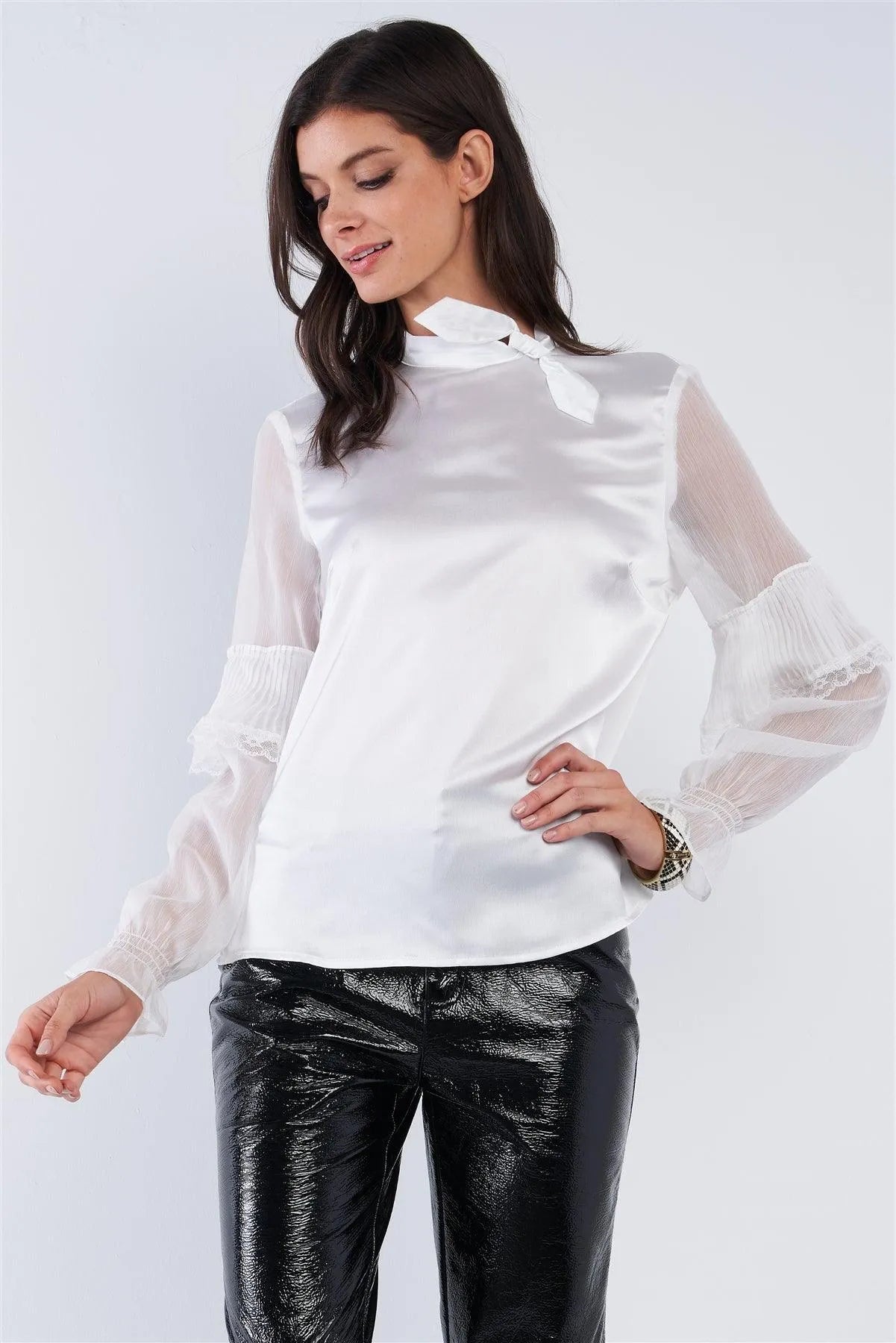 Bright White Satin Silk Bow Tie Collar Frill Sleeve Retro Classy Blouse Top /2-2 - Tasha Apparel Wholesale