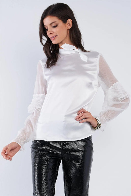 Bright White Satin Silk Bow Tie Collar Frill Sleeve Retro Classy Blouse Top /2-2 - Tasha Apparel Wholesale