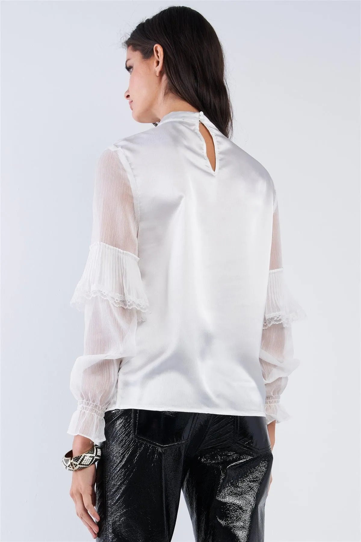 Bright White Satin Silk Bow Tie Collar Frill Sleeve Retro Classy Blouse Top /2-2 - Tasha Apparel Wholesale