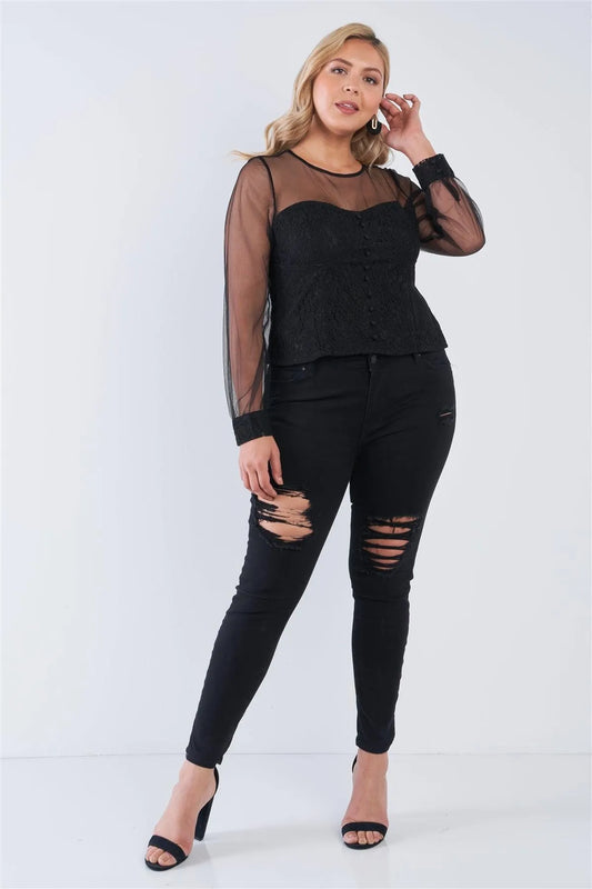 Junior Plus Size Black Long Sleeve Sheer Mesh Floral Lace Corset Top /3 - Tasha Apparel Wholesale