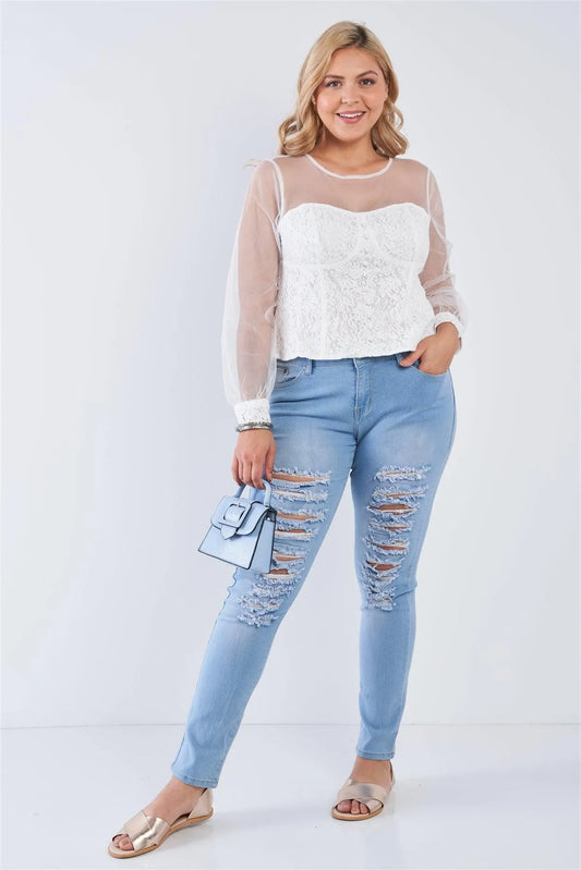Junior Plus Size Ivory Long Sleeve Sheer Mesh Floral Lace Corset Top /1-2-2 - Tasha Apparel Wholesale