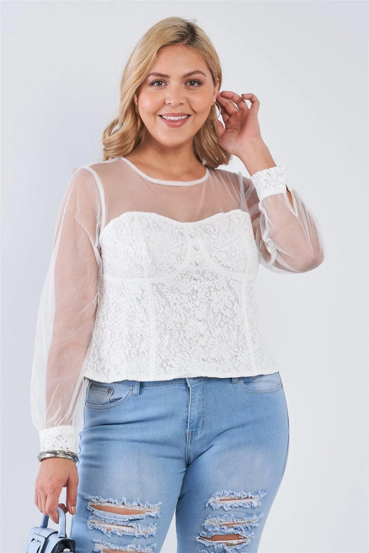 Junior Plus Size Ivory Long Sleeve Sheer Mesh Floral Lace Corset Top /2-2-2 - Tasha Apparel Wholesale