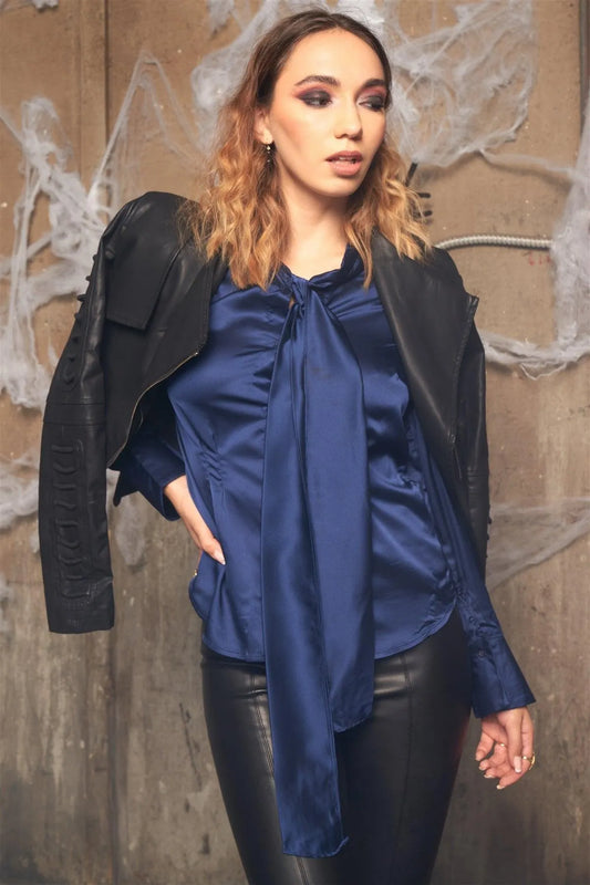 Victorian Indigo Blue Satin Long Sleeve Self-Tie Collar Button Down Gathered Blouse /2-2-2 - Tasha Apparel Wholesale