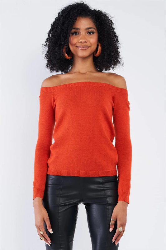 Minimalistic Blood Orange Soft Off-The-Shoulder Long Sleeve Sweater /2-2-2 - Tasha Apparel Wholesale