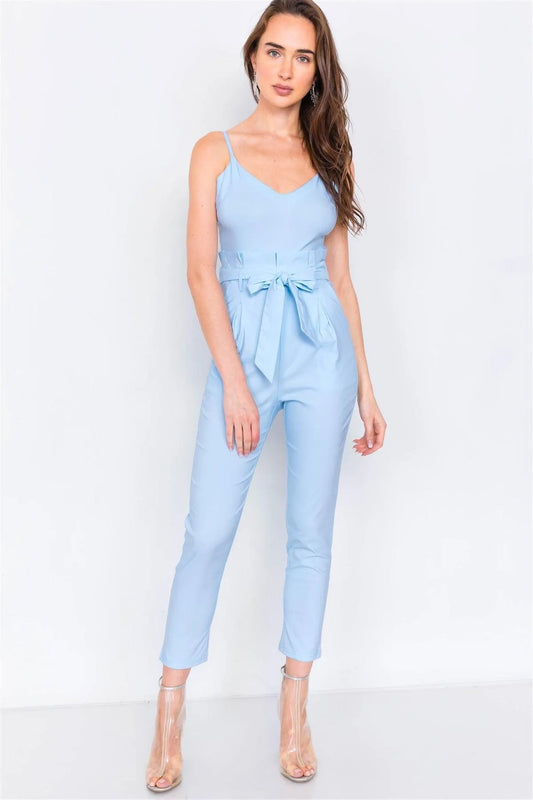 Baby Blue Mock High-Waist V-Neck Cami Jumpsuit - Tasha Apparel Wholesale