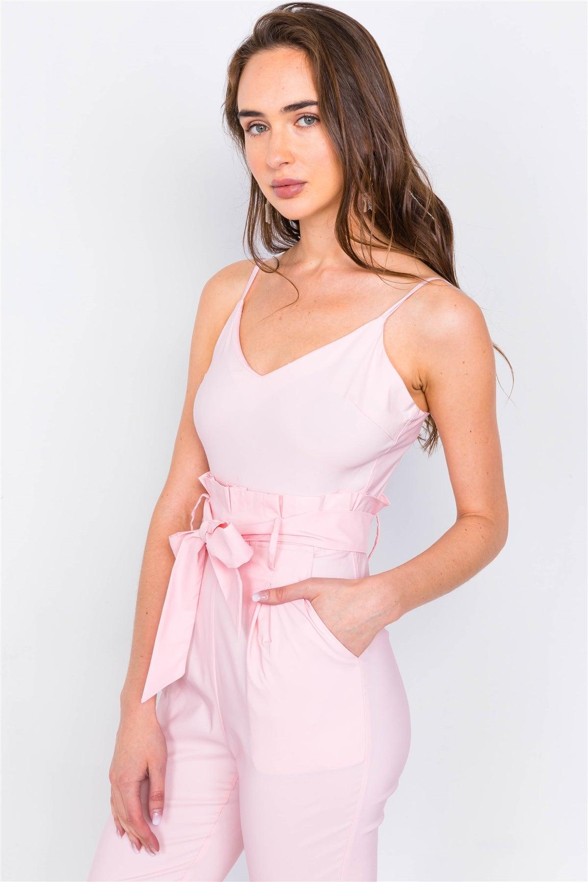 Pink Mock High-Waist V-Neck Cami Casual Chic Jumpsuit /2-2-1