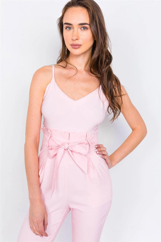 Pink Mock High-Waist V-Neck Cami Casual Chic Jumpsuit /3-2-1 - Tasha Apparel Wholesale