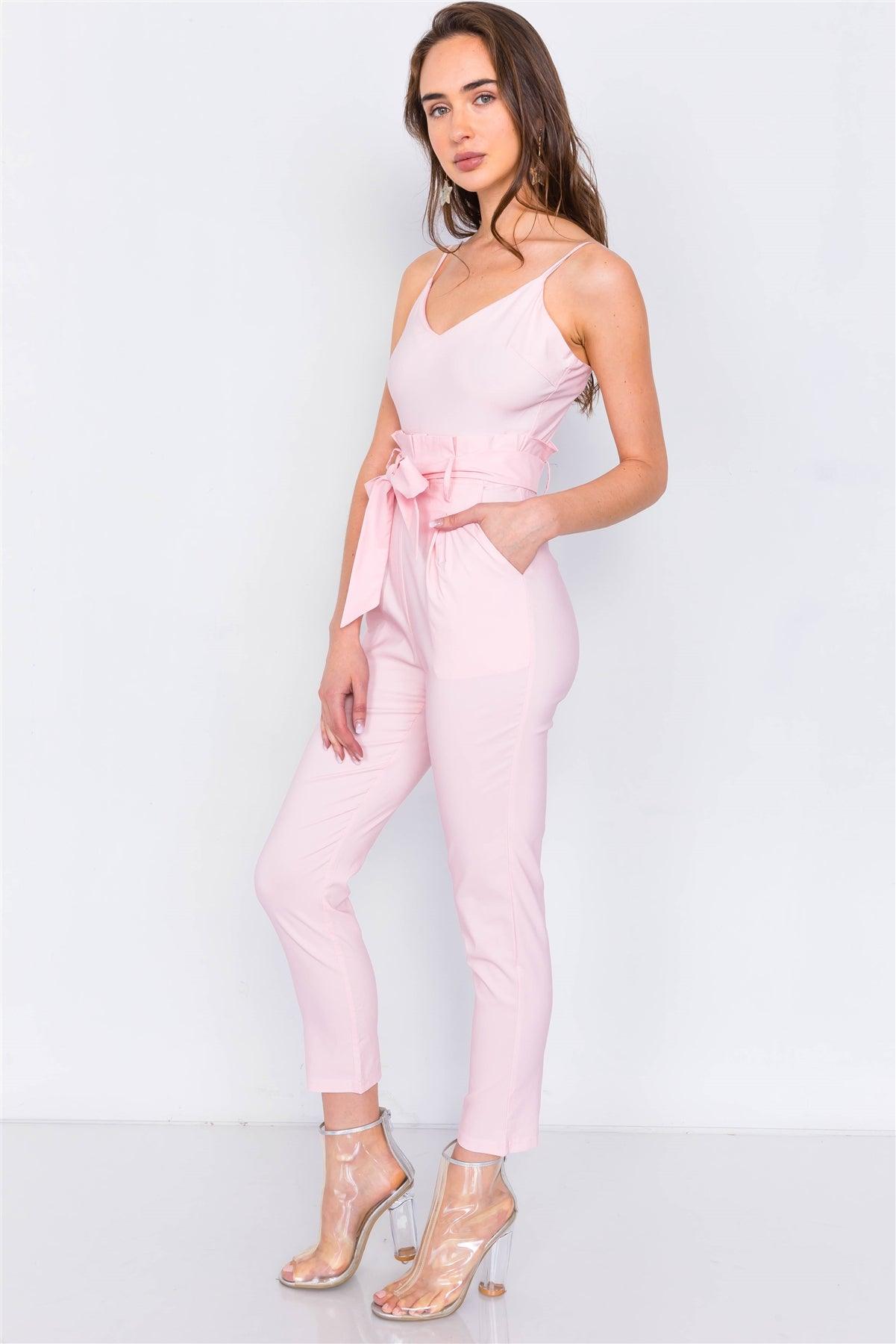 Pink Mock High-Waist V-Neck Cami Casual Chic Jumpsuit /3-2-1