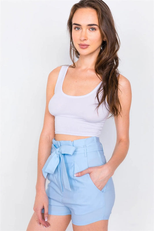 Baby Blue Pleated Vintage High-Waist Chic Mini Shorts /2-2-2 - Tasha Apparel Wholesale