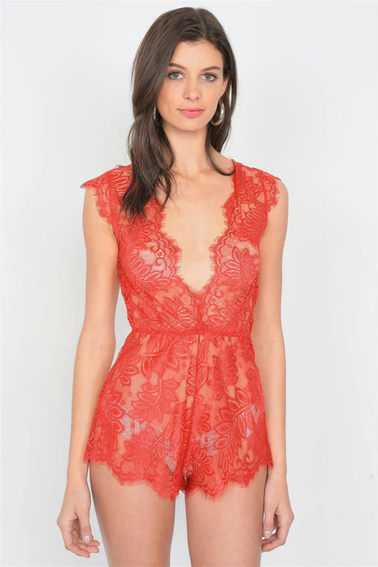 Red V-Neck Floral Lace Romper /3-2-1 - Tasha Apparel Wholesale