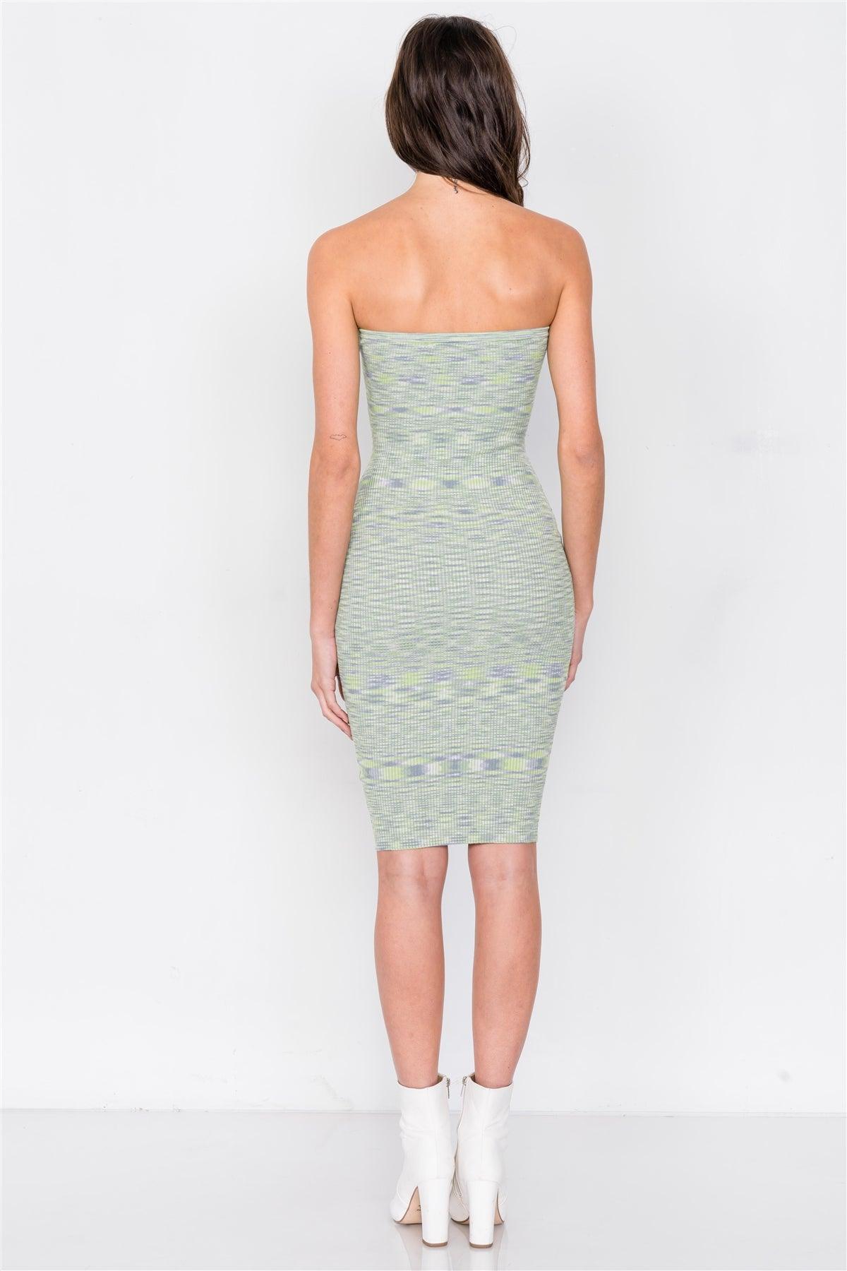 Green Multi Strapless Bodycon Center Cut Out Ribbed Midi Dress /3-2-1