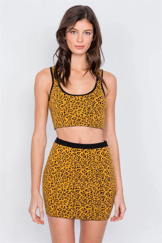 Mustard Black Leopard Print Crop Tank Top & Mini Skirt Set - Tasha Apparel Wholesale