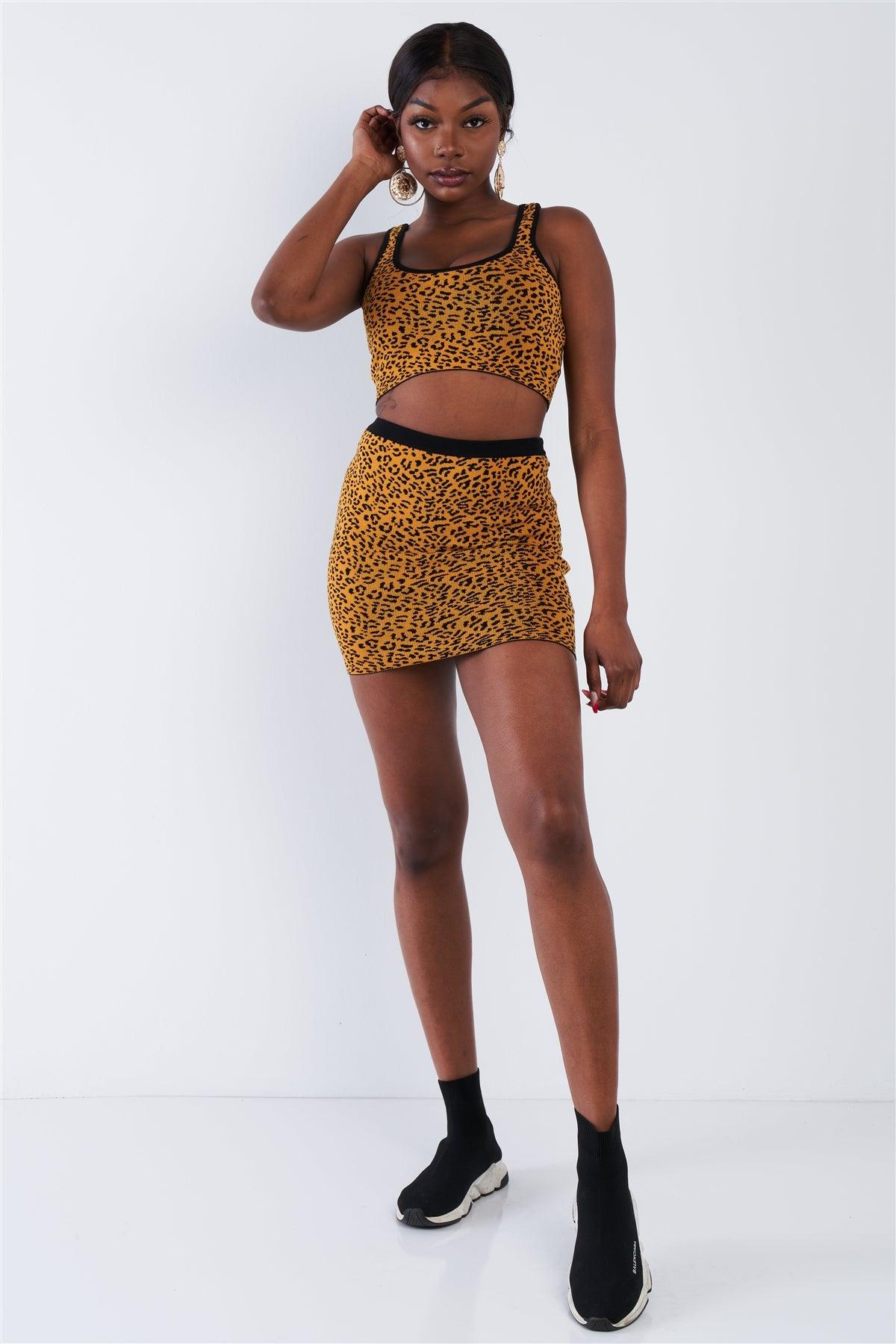 Mustard Black Leopard Print Crop Tank Top & Mini Skirt Set