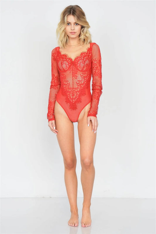 Red Floral Lace Long Sleeve Bodysuit /3-2-1 - Tasha Apparel Wholesale