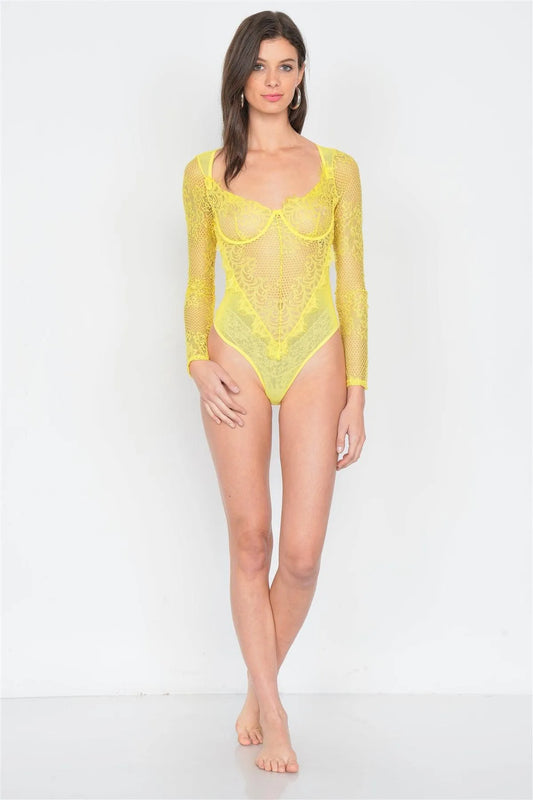 Yellow Floral Lace Long Sleeve Bodysuit /3-2-1 - Tasha Apparel Wholesale