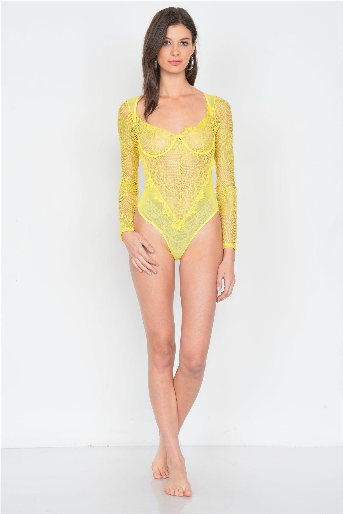 Yellow Floral Lace Long Sleeve Bodysuit