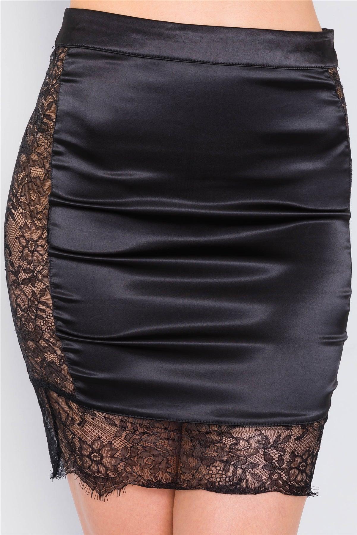 Black Satin Lace Nylon Cut Out Side Chic Mini Skirt /2-2-2