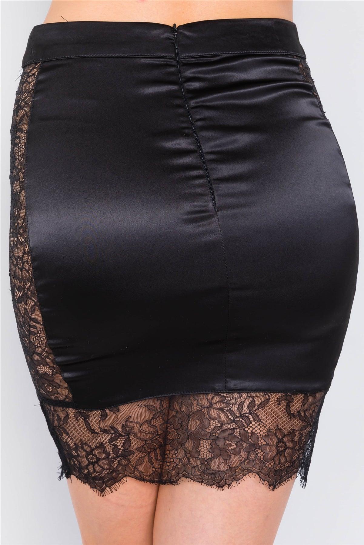 Black Satin Lace Nylon Cut Out Side Chic Mini Skirt /2-2-2