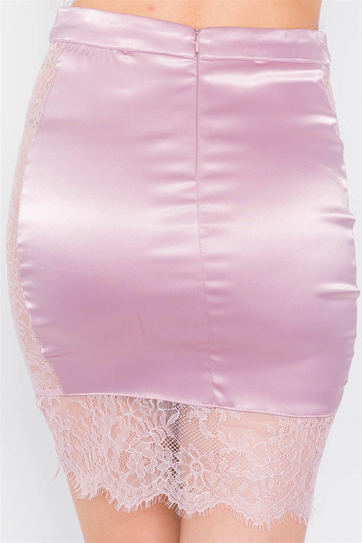 Blush Pink Mauve Satin Lace Nylon Cut Out Side Chic Mini Skirt /2-2-2