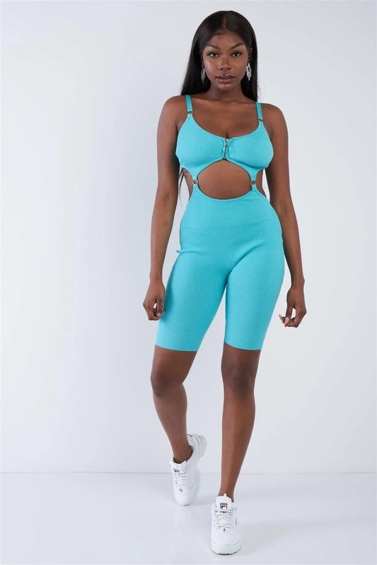 Aqua Blue Front Zipper V-Neck Sporty Chic Biker Romper /3-2-1 - Tasha Apparel Wholesale