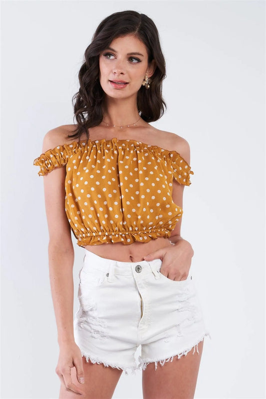 Mustard Polka Dot Print Off The Shoulder Crop Top /2-2-2 - Tasha Apparel Wholesale